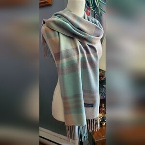 Soft 100% Cashmere Plaid Fringe Scarf in Blue Grey And Taupe Made In Scotland